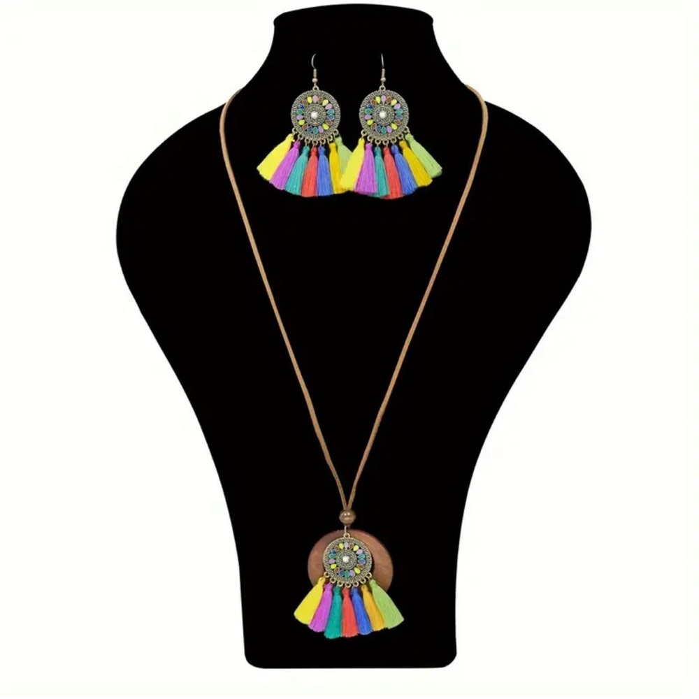 932 ❤️ 3 Pc Bohemian Ethnic Tassel Necklace Earring Jewelry Boho Set - Picture 7 of 8